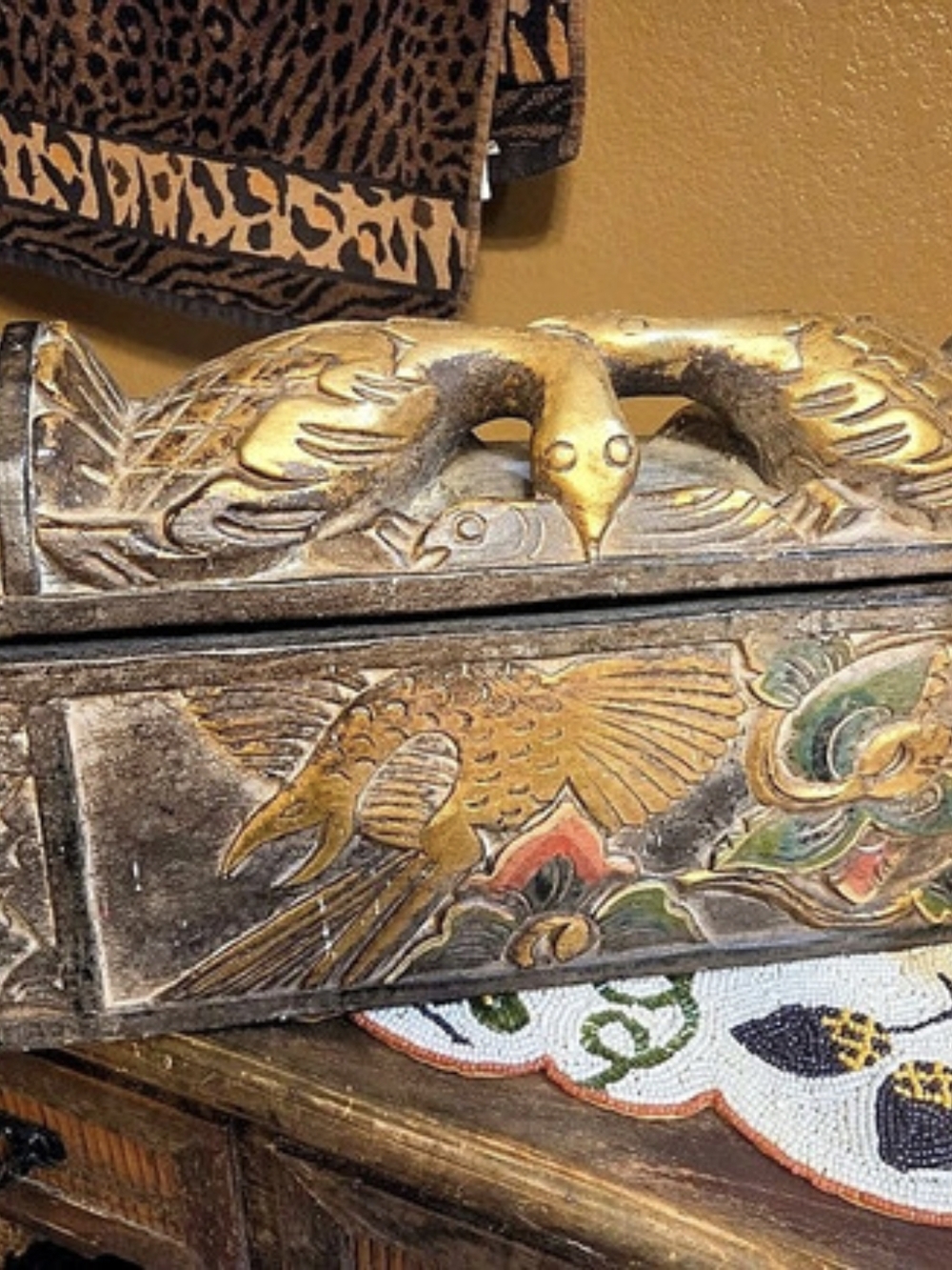 South East Asian Carved Wood Gold Gilt Brilliant Color Vintage Tabletop Treasure